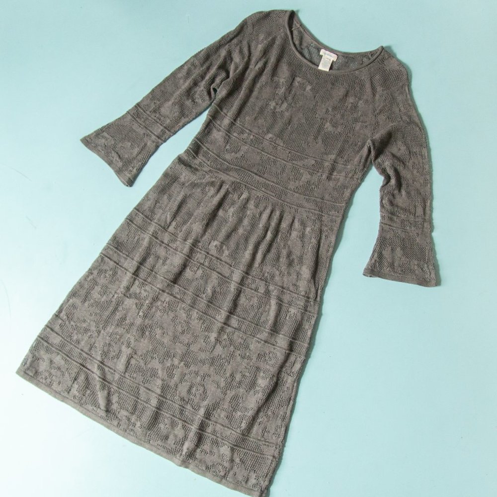 Sundance Gray Floral Lace Knit 3/4 Flare Sleeve A-Line Style Dress Size Small